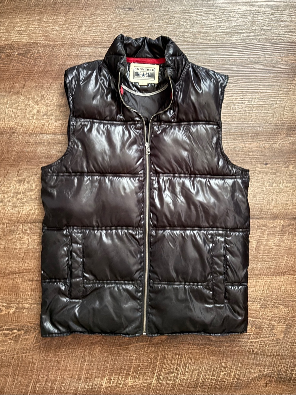 Converse One Star shiny black puffer vest quilted streetwear warm men’s S NWOT